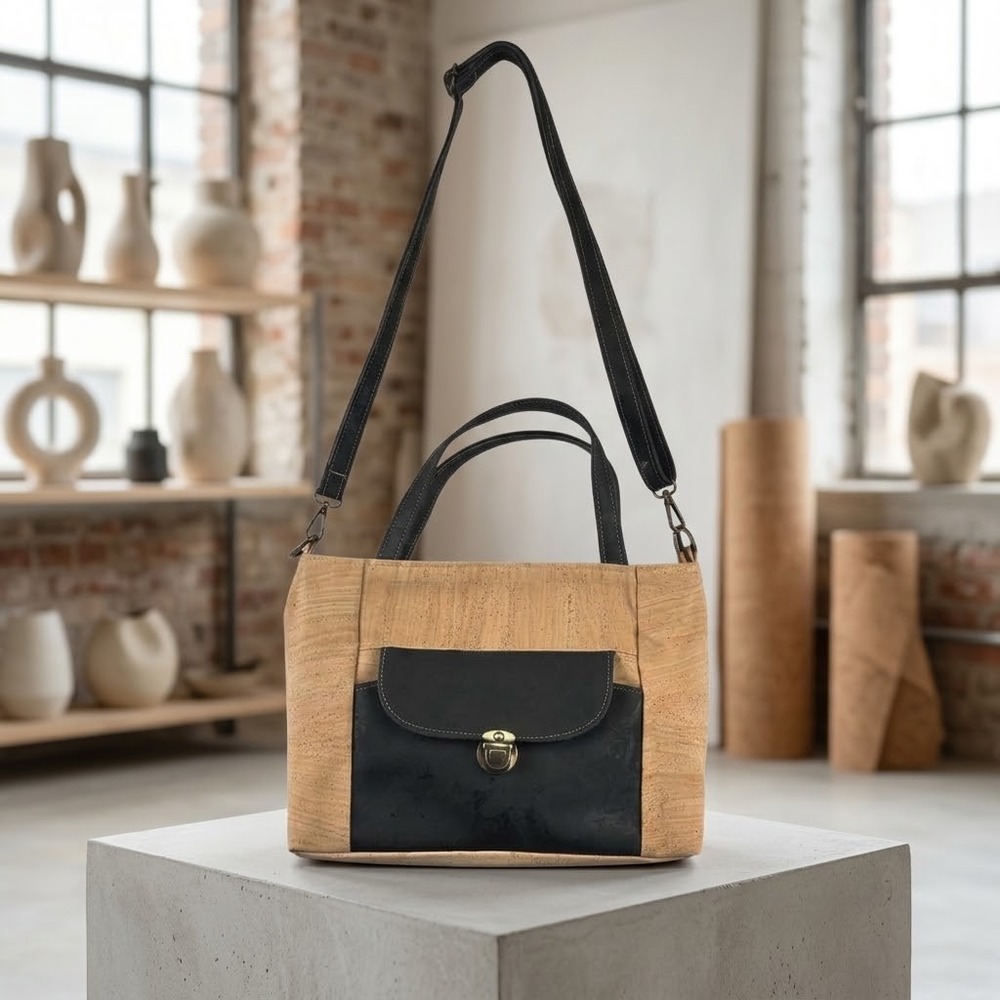 Handmade Portuguese Natural Cork Crossbody Bag Black Tan Boho Vegan Eco-Friendly